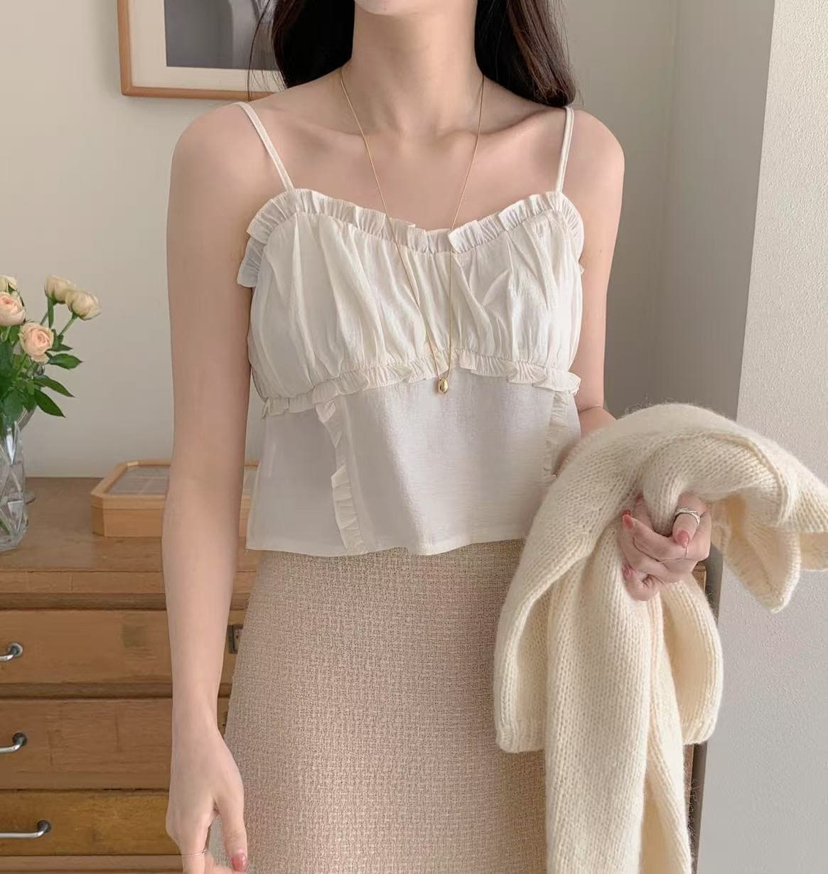 재고 있음 미니멀리즘 달콤함 부드러운 목이버섯 레이스 칼라 주름 디자인 슬립 작은 조끼 상세 이미지 12
