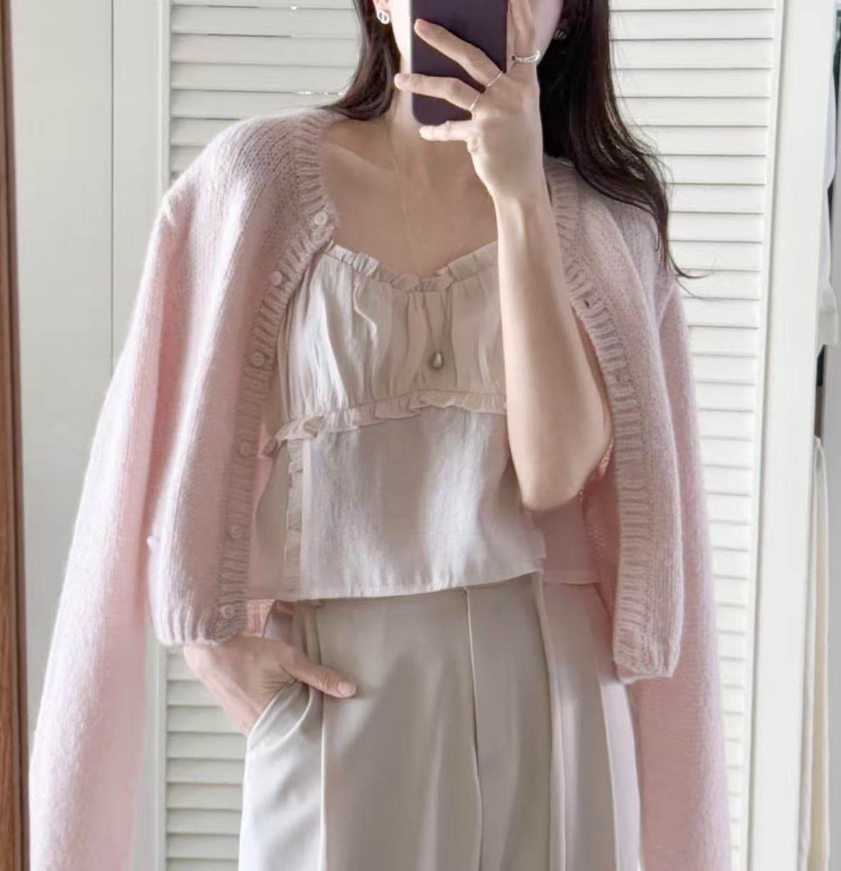 재고 있음 미니멀리즘 달콤함 부드러운 목이버섯 레이스 칼라 주름 디자인 슬립 작은 조끼 상세 이미지 14