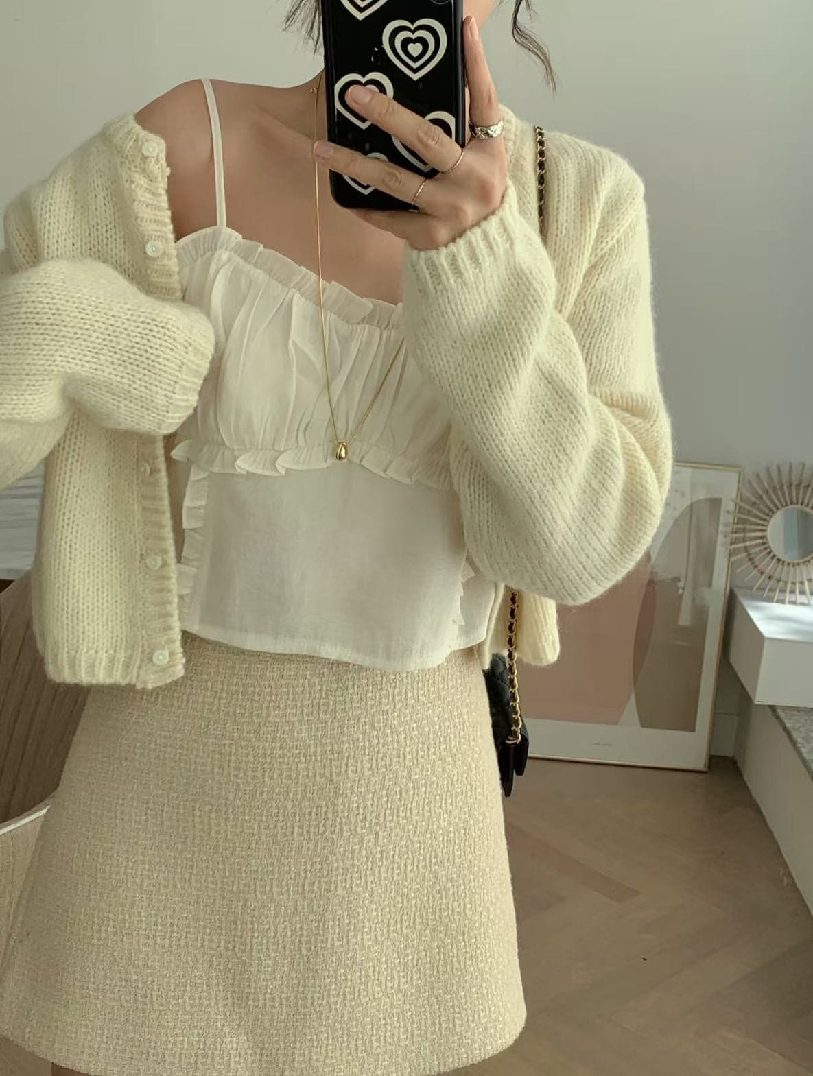 재고 있음 미니멀리즘 달콤함 부드러운 목이버섯 레이스 칼라 주름 디자인 슬립 작은 조끼 상세 이미지 15