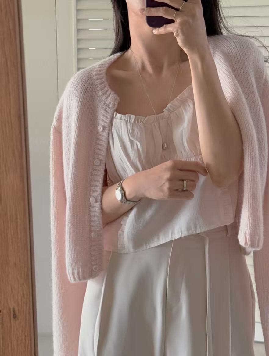 재고 있음 미니멀리즘 달콤함 부드러운 목이버섯 레이스 칼라 주름 디자인 슬립 작은 조끼 상세 이미지 17