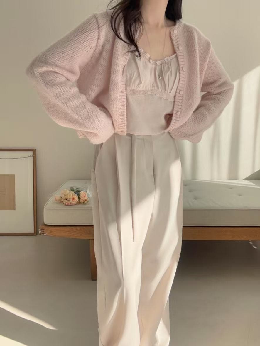 재고 있음 미니멀리즘 달콤함 부드러운 목이버섯 레이스 칼라 주름 디자인 슬립 작은 조끼 상세 이미지 21