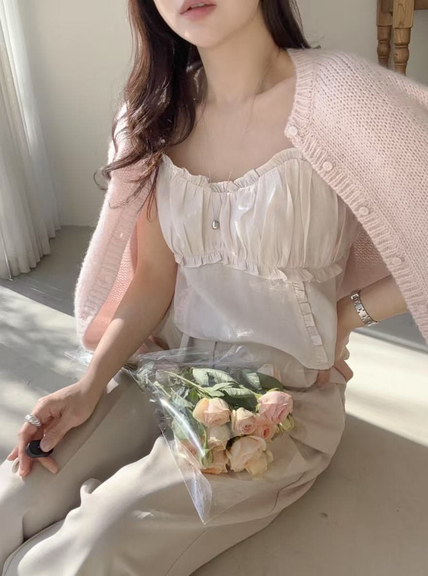 재고 있음 미니멀리즘 달콤함 부드러운 목이버섯 레이스 칼라 주름 디자인 슬립 작은 조끼 상세 이미지 23