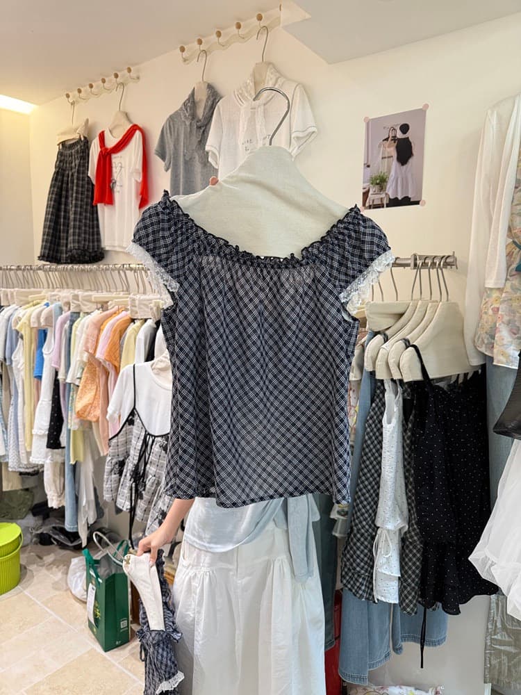 원본 재고 있음 chic 한 부서 단색 행침 목 슬립 코디 펌프 Pleat 체크무늬 셔츠 이미지 4