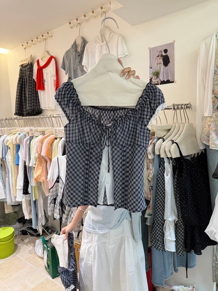 원본 재고 있음 chic 한 부서 단색 행침 목 슬립 코디 펌프 Pleat 체크무늬 셔츠 이미지 3