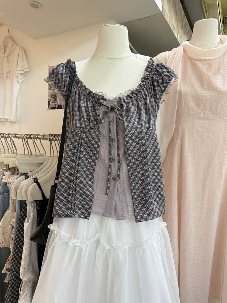 원본 재고 있음 chic 한 부서 단색 행침 목 슬립 코디 펌프 Pleat 체크무늬 셔츠