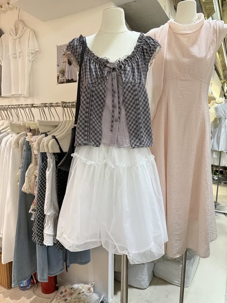 원본 재고 있음 chic 한 부서 단색 행침 목 슬립 코디 펌프 Pleat 체크무늬 셔츠 상세 이미지 2