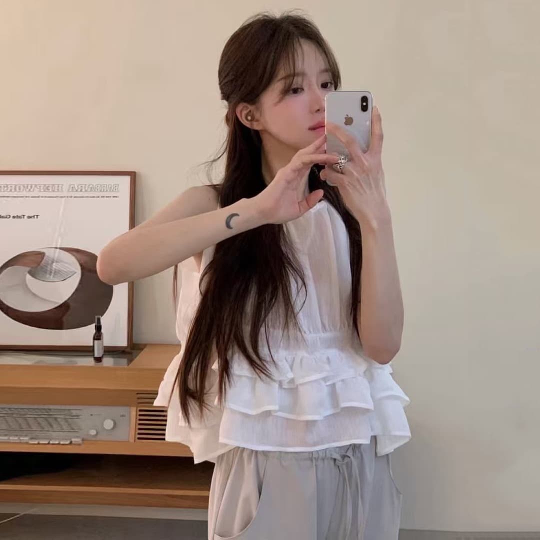재고 있음 chic 한 부서 귀여운 연령 감소 층 프릴 민소매 다용도 조끼 상세 이미지 1