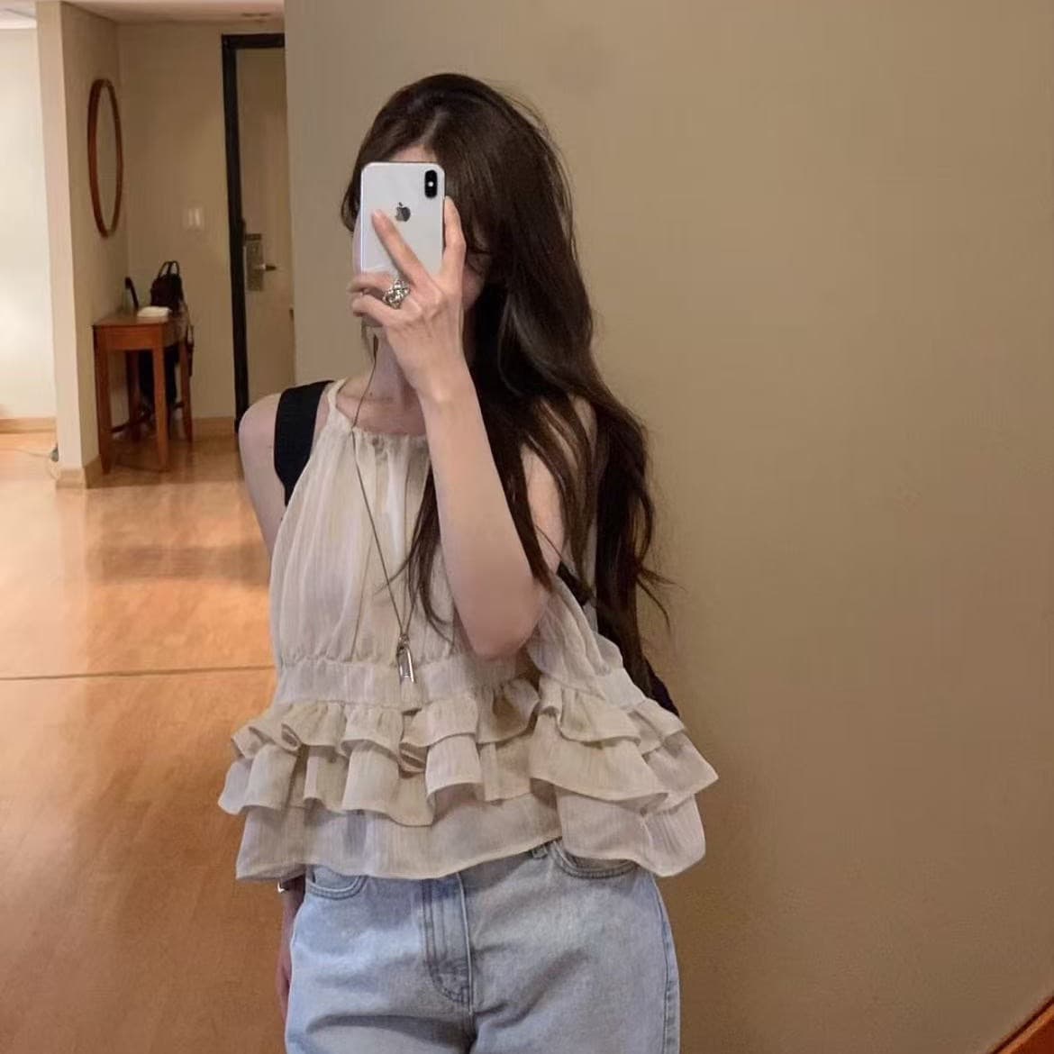 재고 있음 chic 한 부서 귀여운 연령 감소 층 프릴 민소매 다용도 조끼 상세 이미지 2
