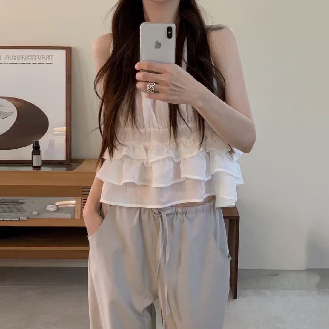 재고 있음 chic 한 부서 귀여운 연령 감소 층 프릴 민소매 다용도 조끼 상세 이미지 3