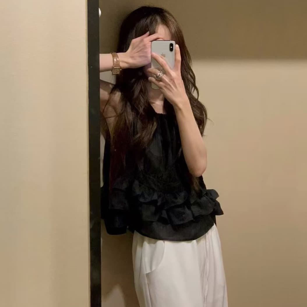 재고 있음 chic 한 부서 귀여운 연령 감소 층 프릴 민소매 다용도 조끼 상세 이미지 5