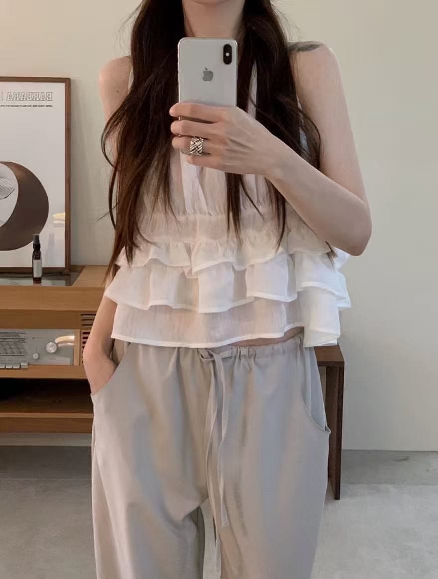 재고 있음 chic 한 부서 귀여운 연령 감소 층 프릴 민소매 다용도 조끼 상세 이미지 6