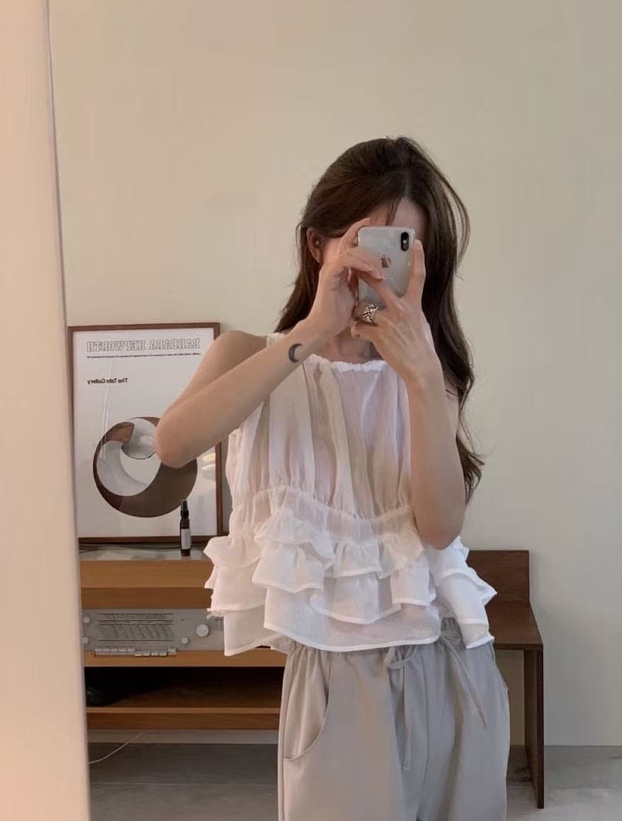 재고 있음 chic 한 부서 귀여운 연령 감소 층 프릴 민소매 다용도 조끼 상세 이미지 11