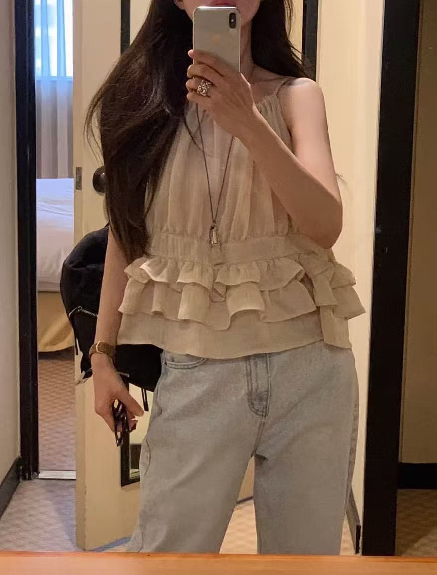 재고 있음 chic 한 부서 귀여운 연령 감소 층 프릴 민소매 다용도 조끼 상세 이미지 18
