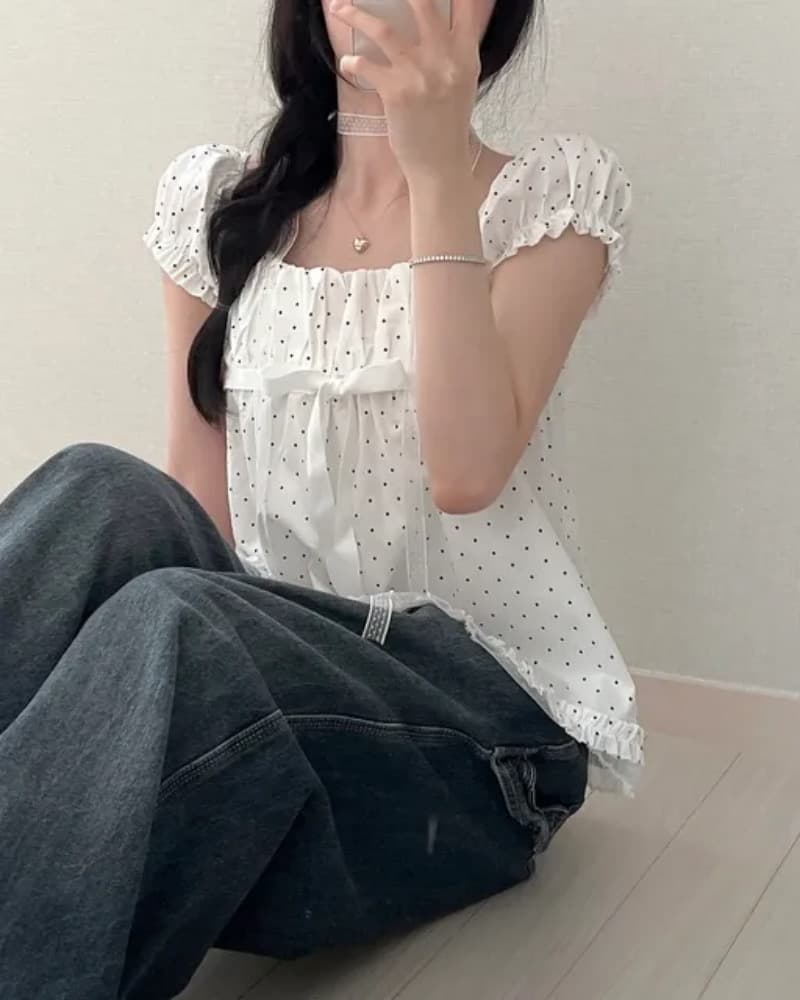 있음 선적 한국 chic 여름 달콤한 자매 루즈핏 연령 감소 허리 수축 슬림해 보이는 도트 무늬 셔츠 이미지 3