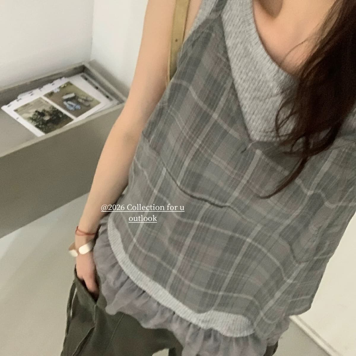 chic 한 부서 작은 청신 대나무 마디 조끼 체크무늬 슬립 작은 셔츠 세트 이미지 4