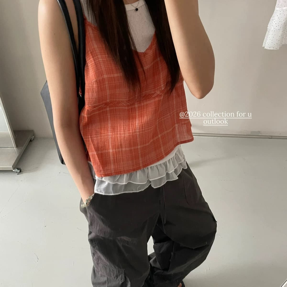 chic 한 부서 작은 청신 대나무 마디 조끼 체크무늬 슬립 작은 셔츠 세트
