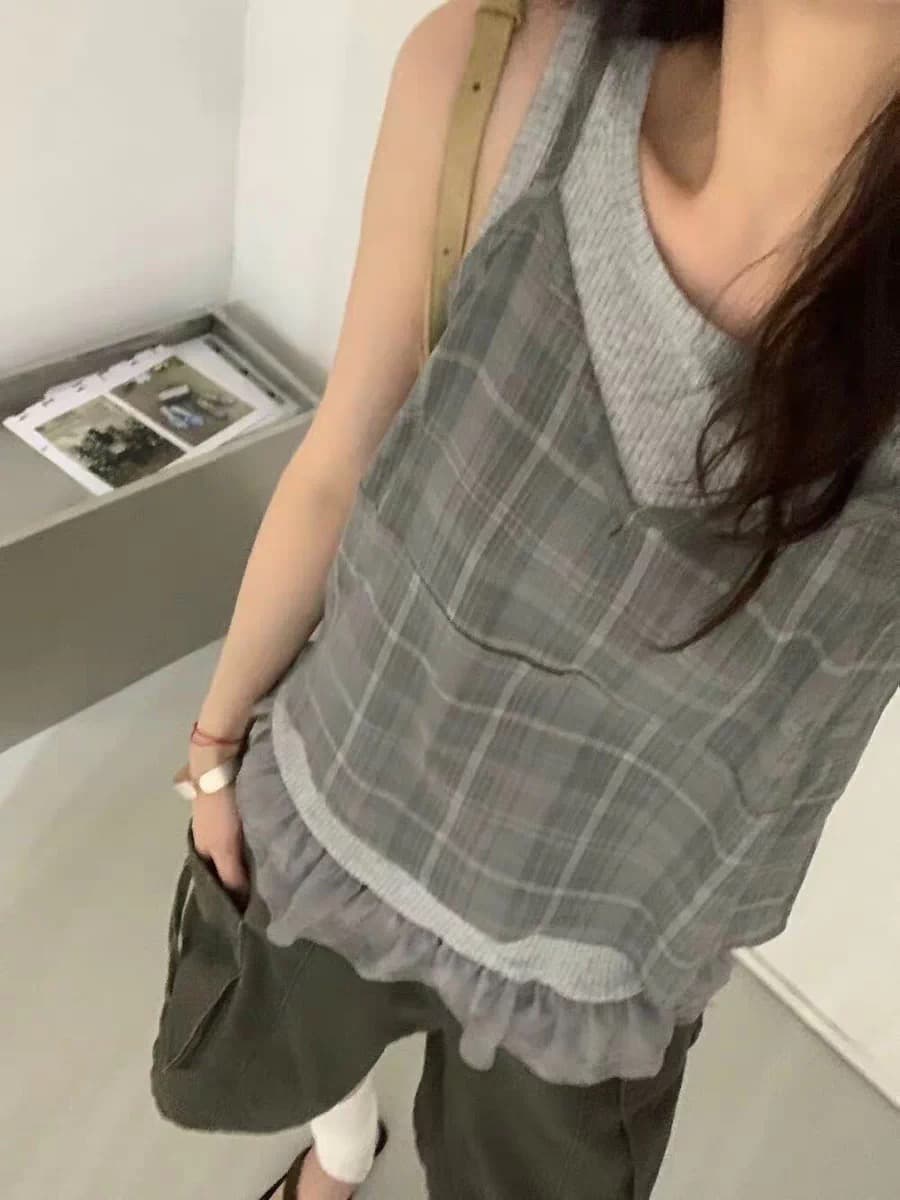 chic 한 부서 작은 청신 대나무 마디 조끼 체크무늬 슬립 작은 셔츠 세트 상세 이미지 4