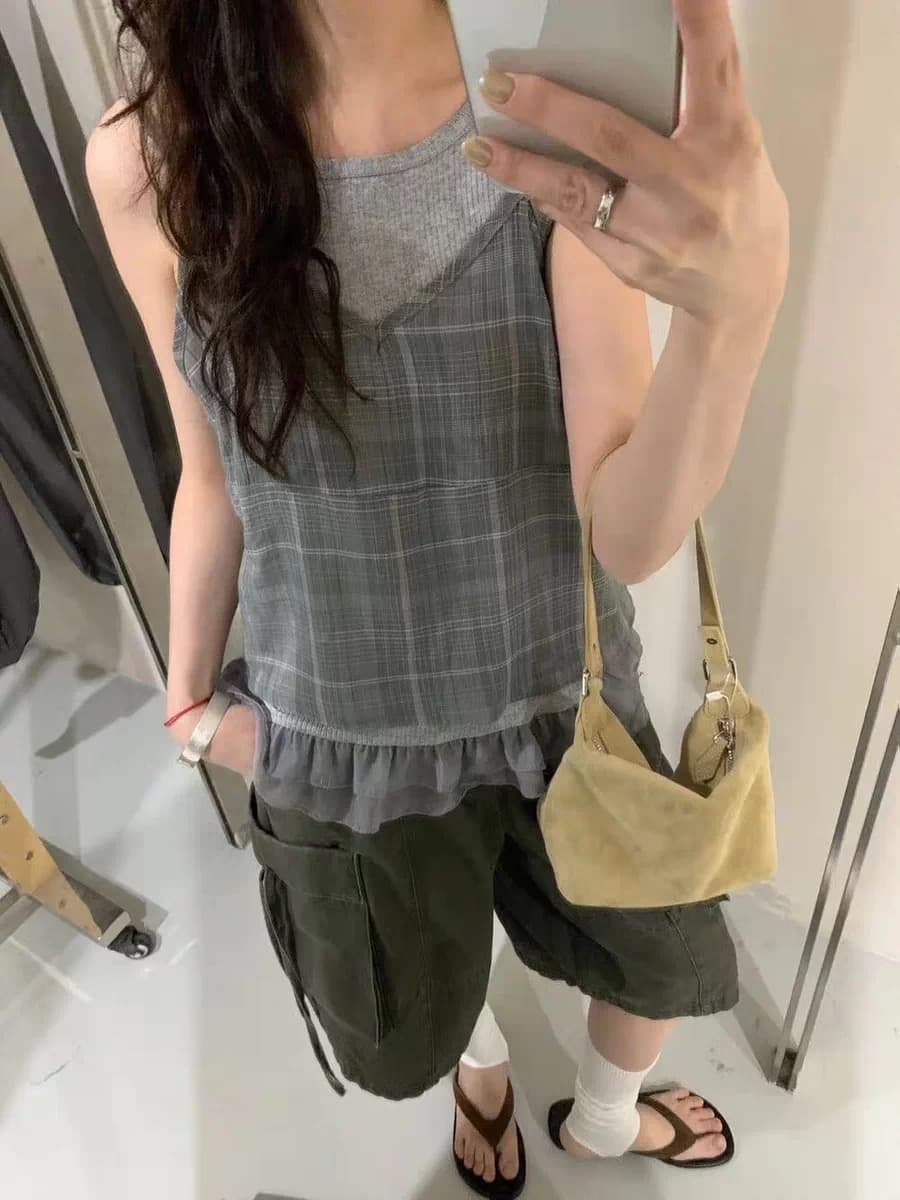 chic 한 부서 작은 청신 대나무 마디 조끼 체크무늬 슬립 작은 셔츠 세트 상세 이미지 7
