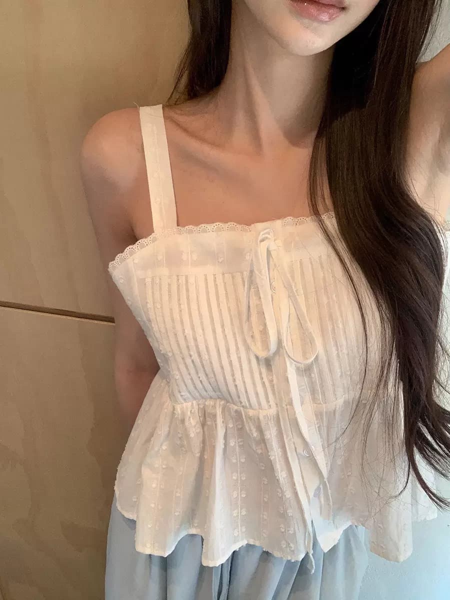 chic 새로운 달콤함 소녀 센스 싱글 줄 버튼 레이스업 자카드 연령 감소 슬립
