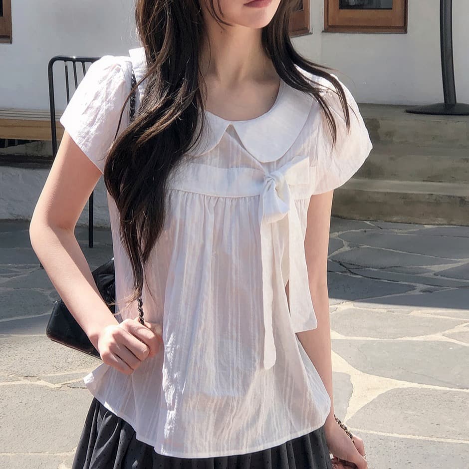 재고 있음 chic 한 여름 귀신 부서 소녀 레트로 디자인 센스 체크무늬 나비 매듭 베이비 칼라 셔츠 이미지 2