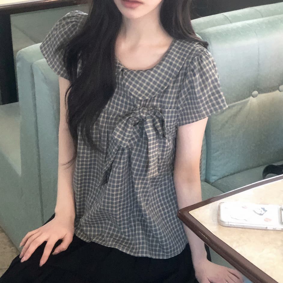 재고 있음 chic 한 여름 귀신 부서 소녀 레트로 디자인 센스 체크무늬 나비 매듭 베이비 칼라 셔츠 이미지 3