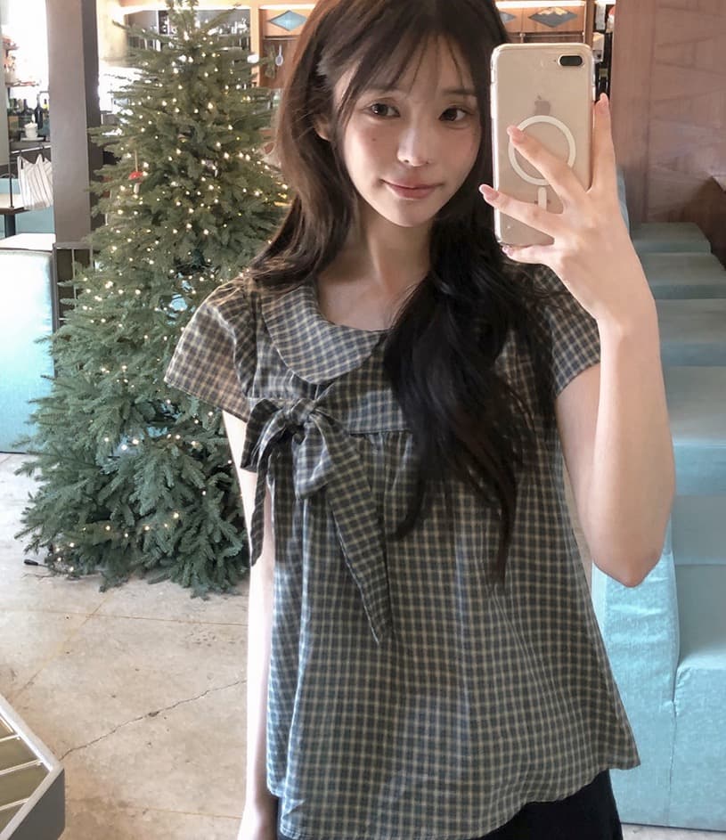 재고 있음 chic 한 여름 귀신 부서 소녀 레트로 디자인 센스 체크무늬 나비 매듭 베이비 칼라 셔츠 상세 이미지 1
