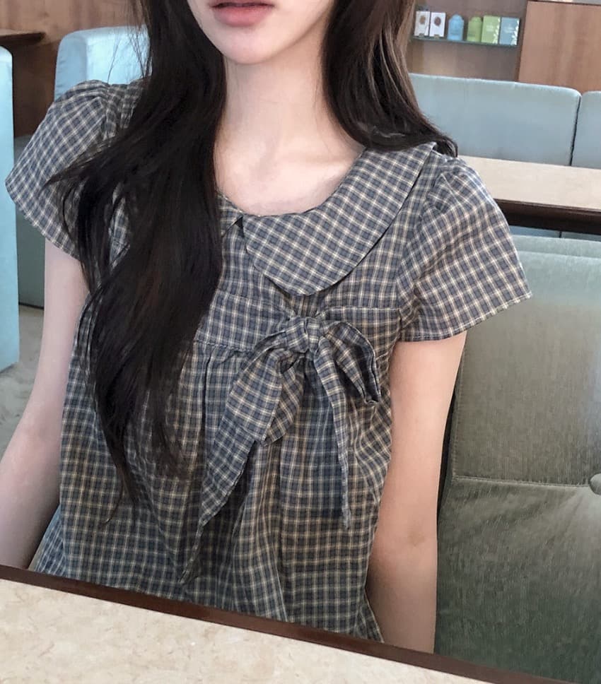 재고 있음 chic 한 여름 귀신 부서 소녀 레트로 디자인 센스 체크무늬 나비 매듭 베이비 칼라 셔츠 상세 이미지 3