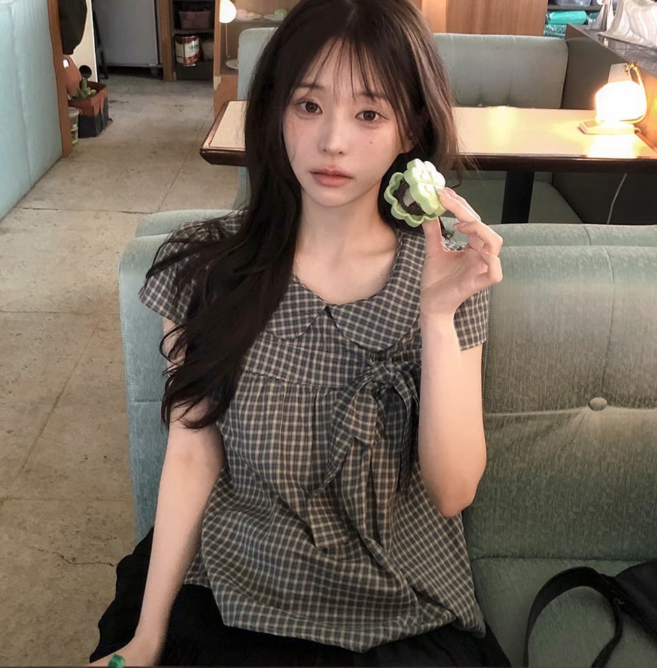재고 있음 chic 한 여름 귀신 부서 소녀 레트로 디자인 센스 체크무늬 나비 매듭 베이비 칼라 셔츠 상세 이미지 4