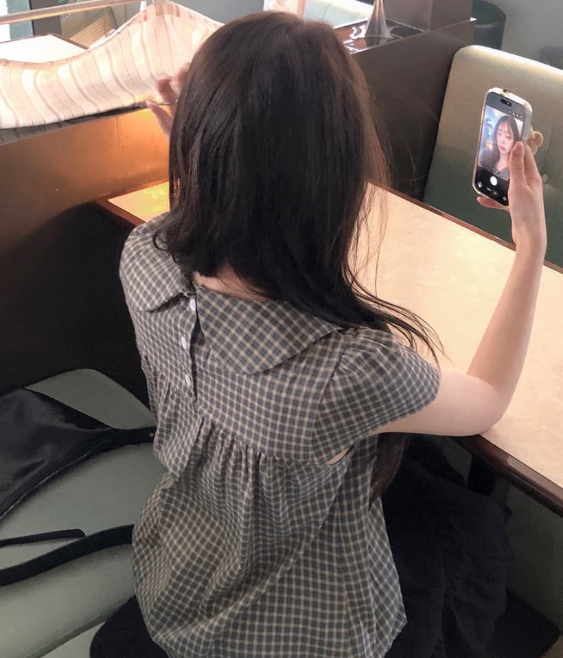 재고 있음 chic 한 여름 귀신 부서 소녀 레트로 디자인 센스 체크무늬 나비 매듭 베이비 칼라 셔츠 상세 이미지 6