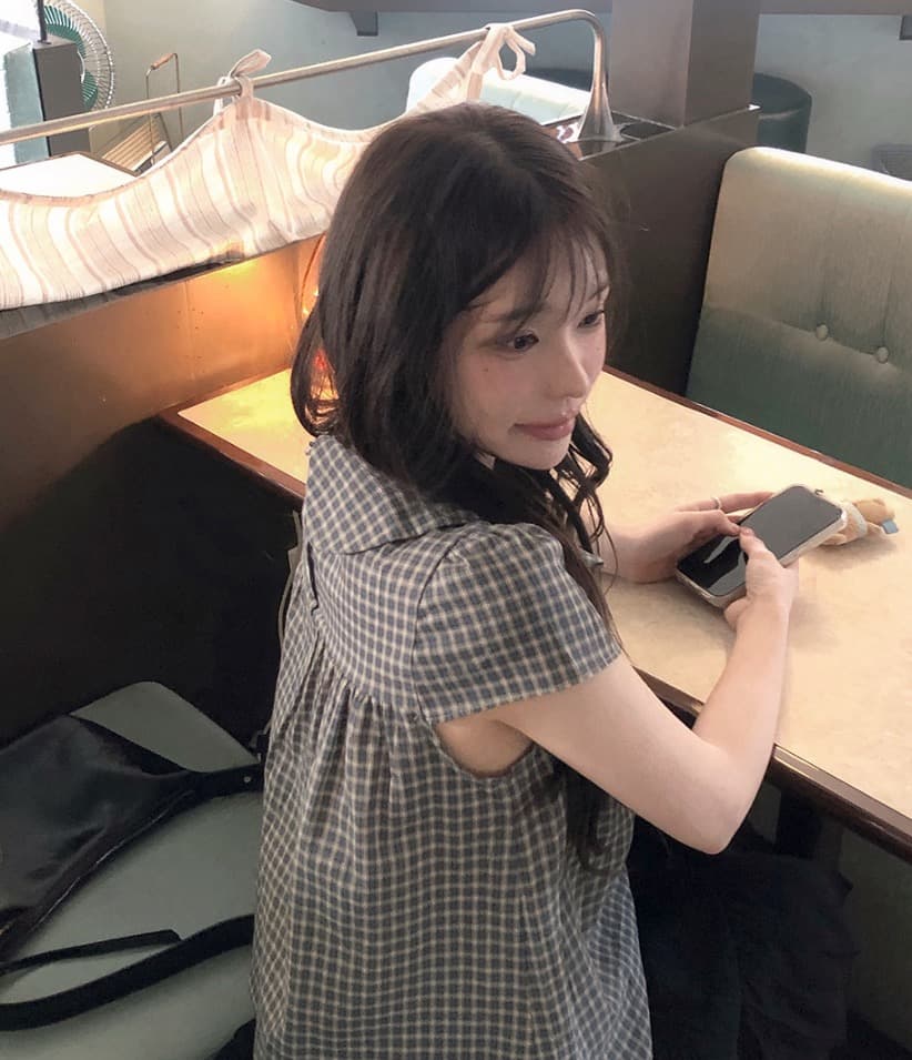 재고 있음 chic 한 여름 귀신 부서 소녀 레트로 디자인 센스 체크무늬 나비 매듭 베이비 칼라 셔츠 상세 이미지 7