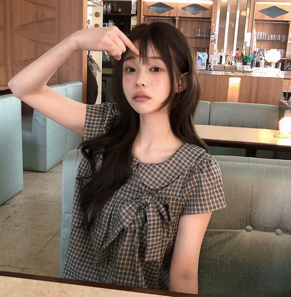 재고 있음 chic 한 여름 귀신 부서 소녀 레트로 디자인 센스 체크무늬 나비 매듭 베이비 칼라 셔츠 상세 이미지 8