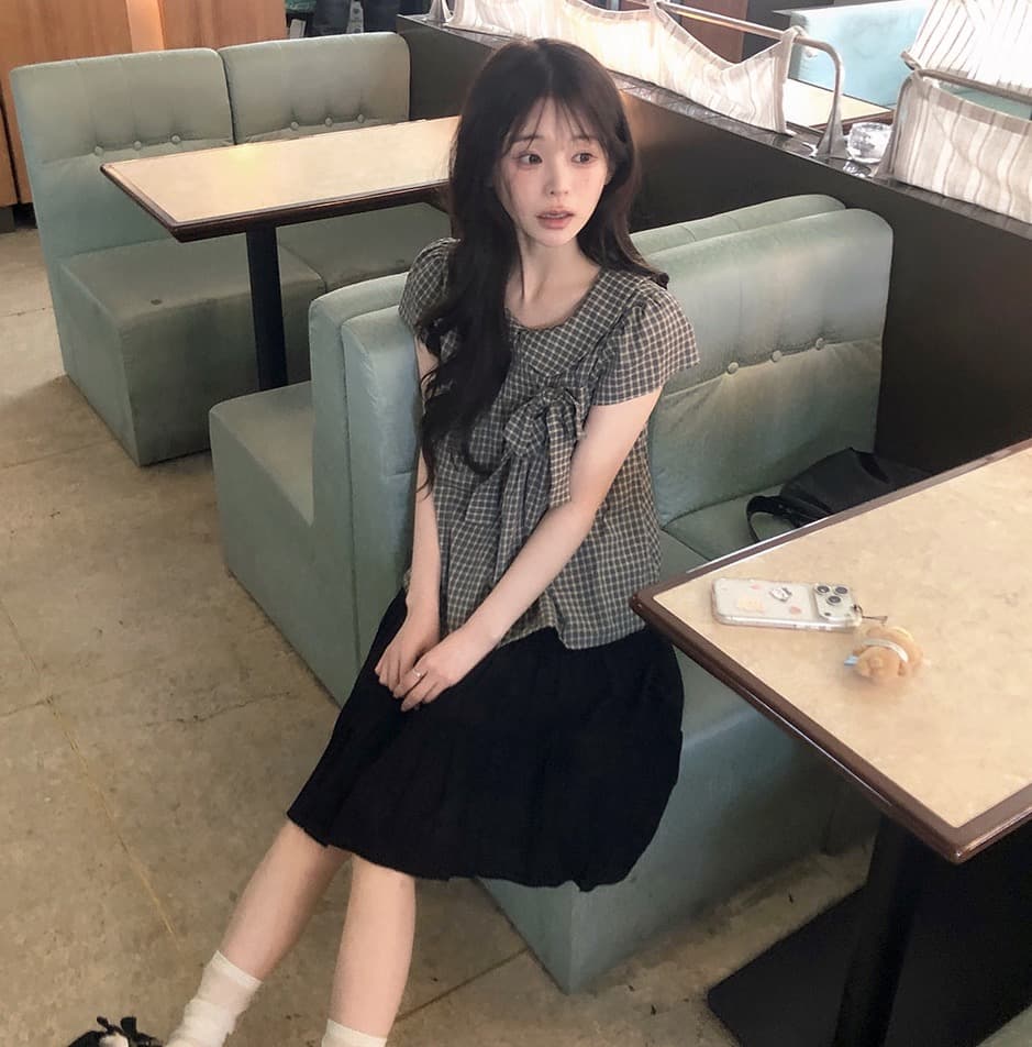 재고 있음 chic 한 여름 귀신 부서 소녀 레트로 디자인 센스 체크무늬 나비 매듭 베이비 칼라 셔츠 상세 이미지 9