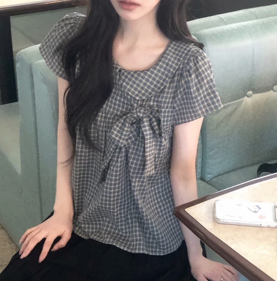 재고 있음 chic 한 여름 귀신 부서 소녀 레트로 디자인 센스 체크무늬 나비 매듭 베이비 칼라 셔츠 상세 이미지 10