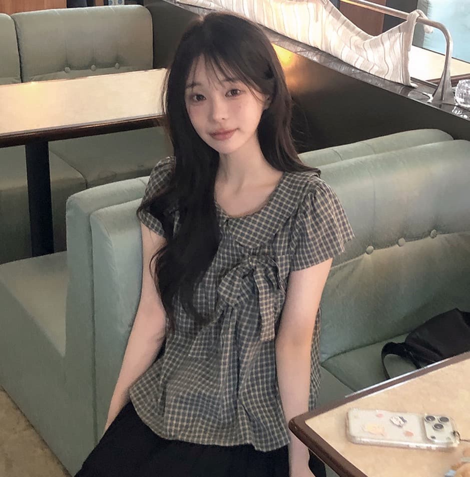 재고 있음 chic 한 여름 귀신 부서 소녀 레트로 디자인 센스 체크무늬 나비 매듭 베이비 칼라 셔츠 상세 이미지 11