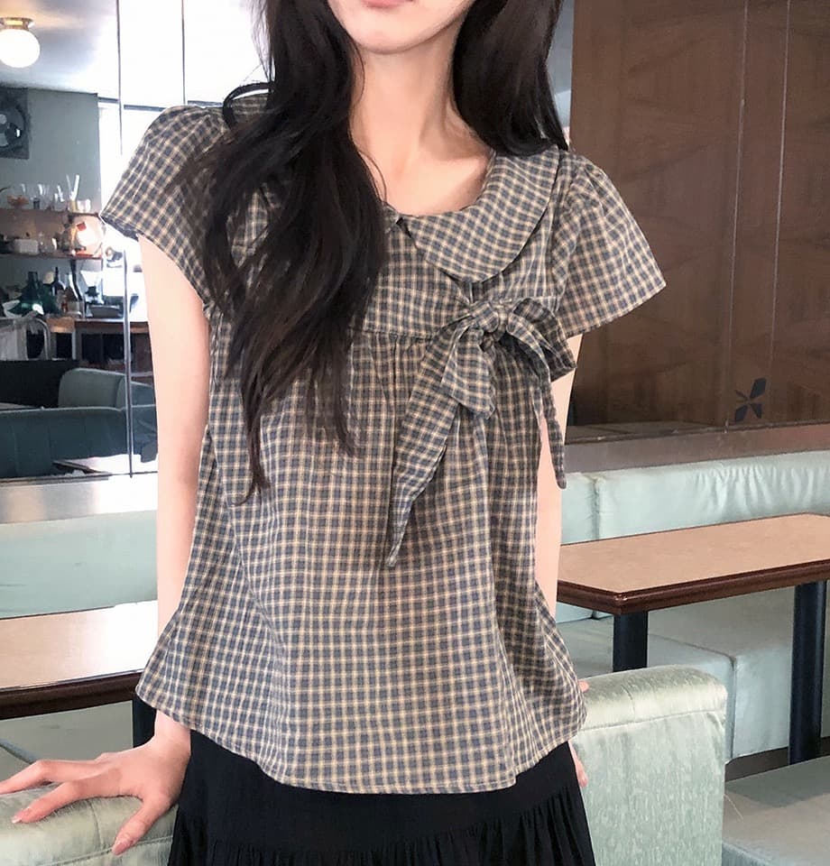 재고 있음 chic 한 여름 귀신 부서 소녀 레트로 디자인 센스 체크무늬 나비 매듭 베이비 칼라 셔츠 상세 이미지 12