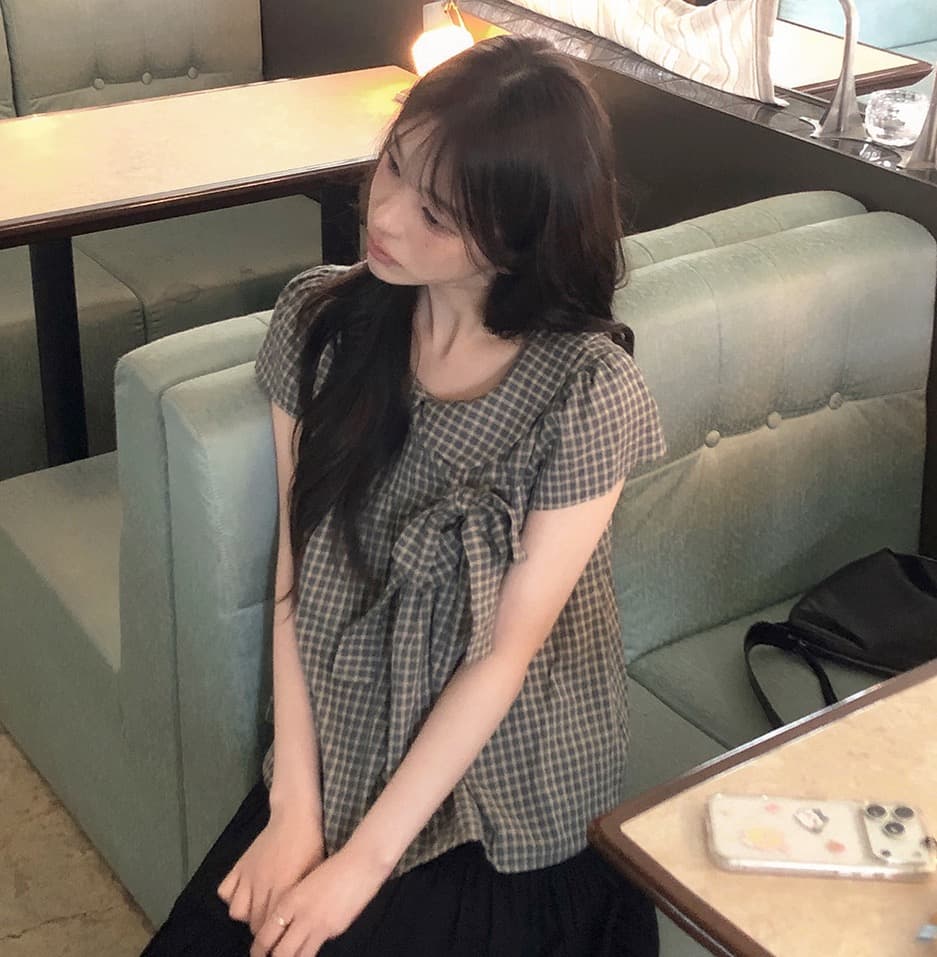 재고 있음 chic 한 여름 귀신 부서 소녀 레트로 디자인 센스 체크무늬 나비 매듭 베이비 칼라 셔츠 상세 이미지 13