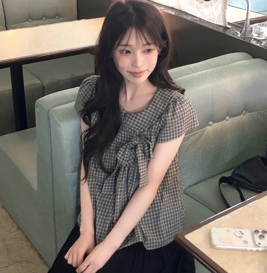 재고 있음 chic 한 여름 귀신 부서 소녀 레트로 디자인 센스 체크무늬 나비 매듭 베이비 칼라 셔츠 상세 이미지 14