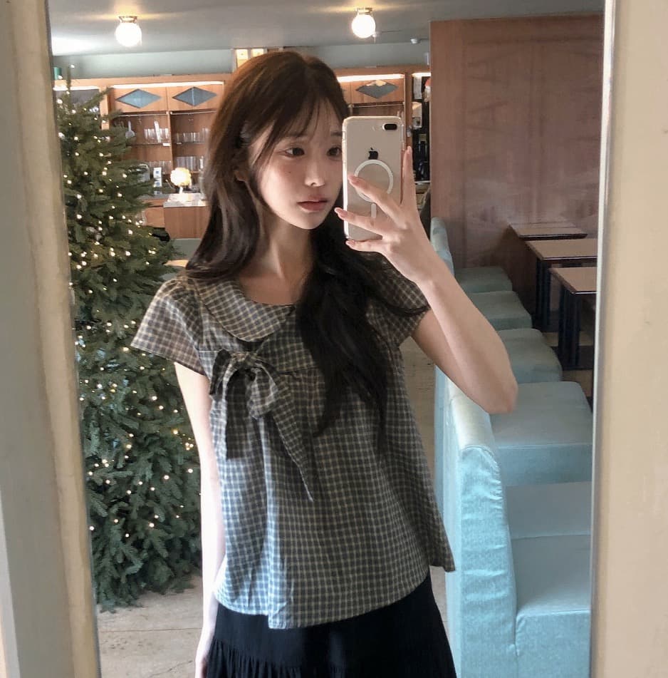 재고 있음 chic 한 여름 귀신 부서 소녀 레트로 디자인 센스 체크무늬 나비 매듭 베이비 칼라 셔츠 상세 이미지 16