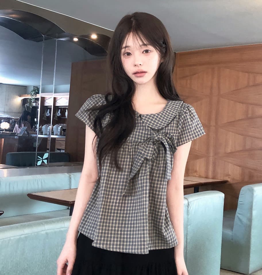재고 있음 chic 한 여름 귀신 부서 소녀 레트로 디자인 센스 체크무늬 나비 매듭 베이비 칼라 셔츠 상세 이미지 17