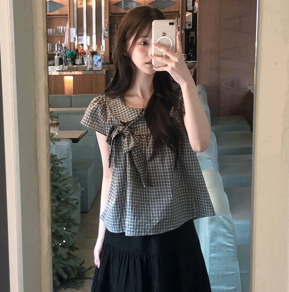 재고 있음 chic 한 여름 귀신 부서 소녀 레트로 디자인 센스 체크무늬 나비 매듭 베이비 칼라 셔츠 상세 이미지 18