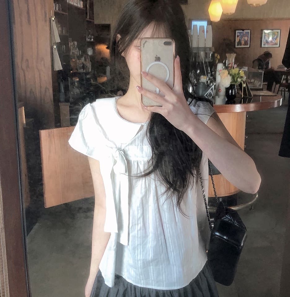 재고 있음 chic 한 여름 귀신 부서 소녀 레트로 디자인 센스 체크무늬 나비 매듭 베이비 칼라 셔츠 상세 이미지 19