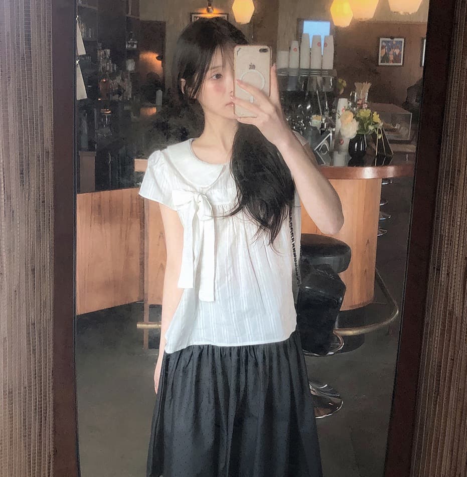 재고 있음 chic 한 여름 귀신 부서 소녀 레트로 디자인 센스 체크무늬 나비 매듭 베이비 칼라 셔츠 상세 이미지 20