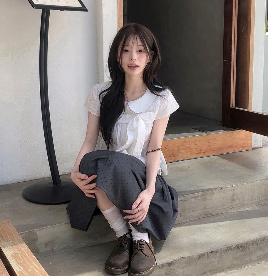 재고 있음 chic 한 여름 귀신 부서 소녀 레트로 디자인 센스 체크무늬 나비 매듭 베이비 칼라 셔츠 상세 이미지 21