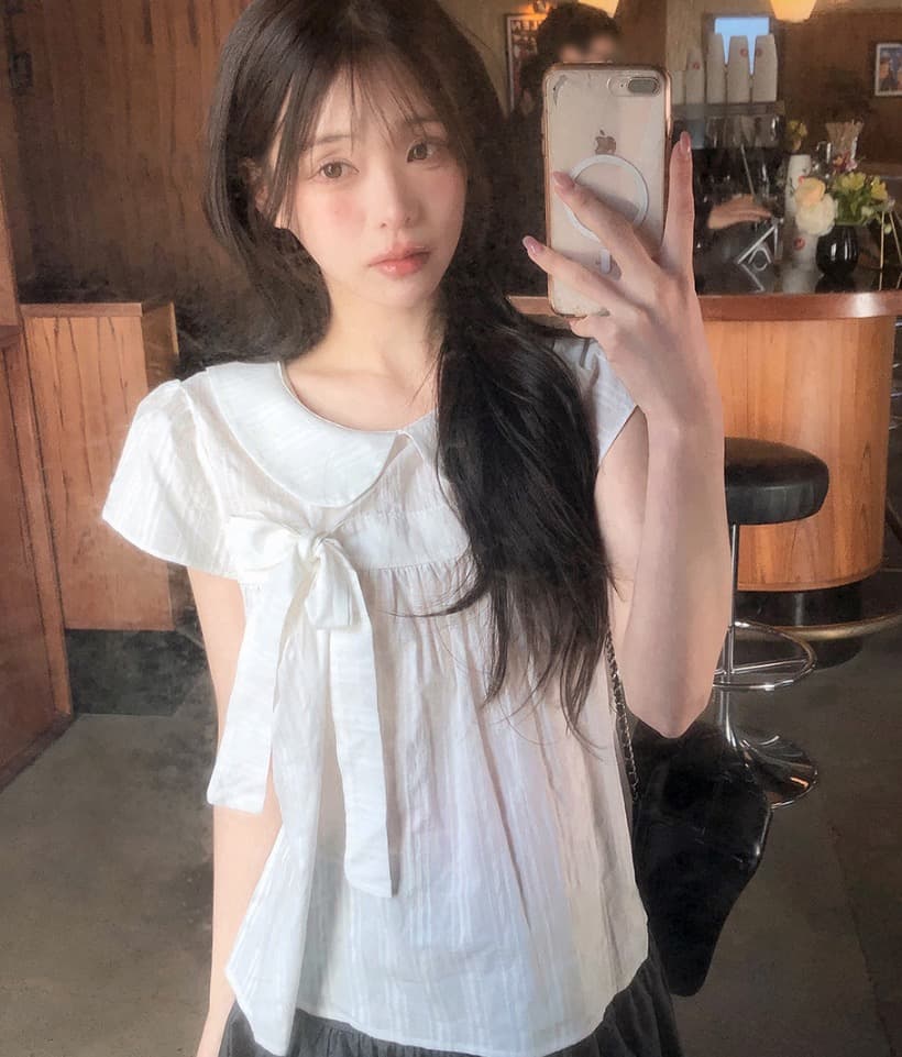 재고 있음 chic 한 여름 귀신 부서 소녀 레트로 디자인 센스 체크무늬 나비 매듭 베이비 칼라 셔츠 상세 이미지 22