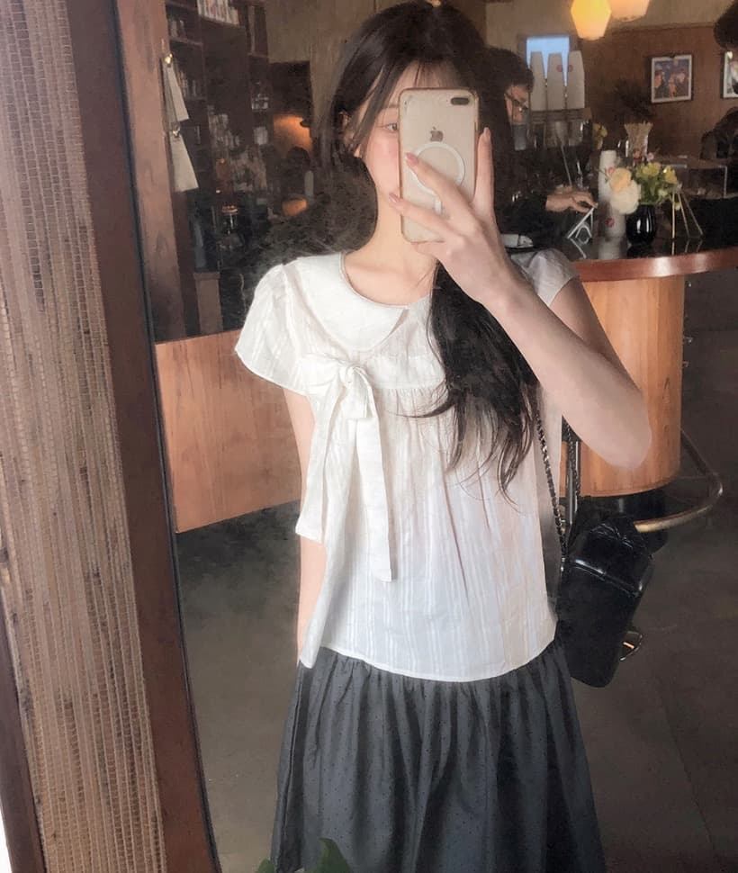 재고 있음 chic 한 여름 귀신 부서 소녀 레트로 디자인 센스 체크무늬 나비 매듭 베이비 칼라 셔츠 상세 이미지 23