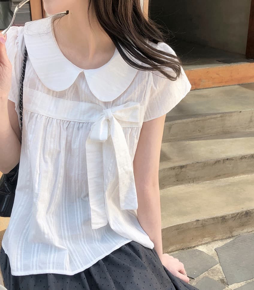 재고 있음 chic 한 여름 귀신 부서 소녀 레트로 디자인 센스 체크무늬 나비 매듭 베이비 칼라 셔츠 상세 이미지 24