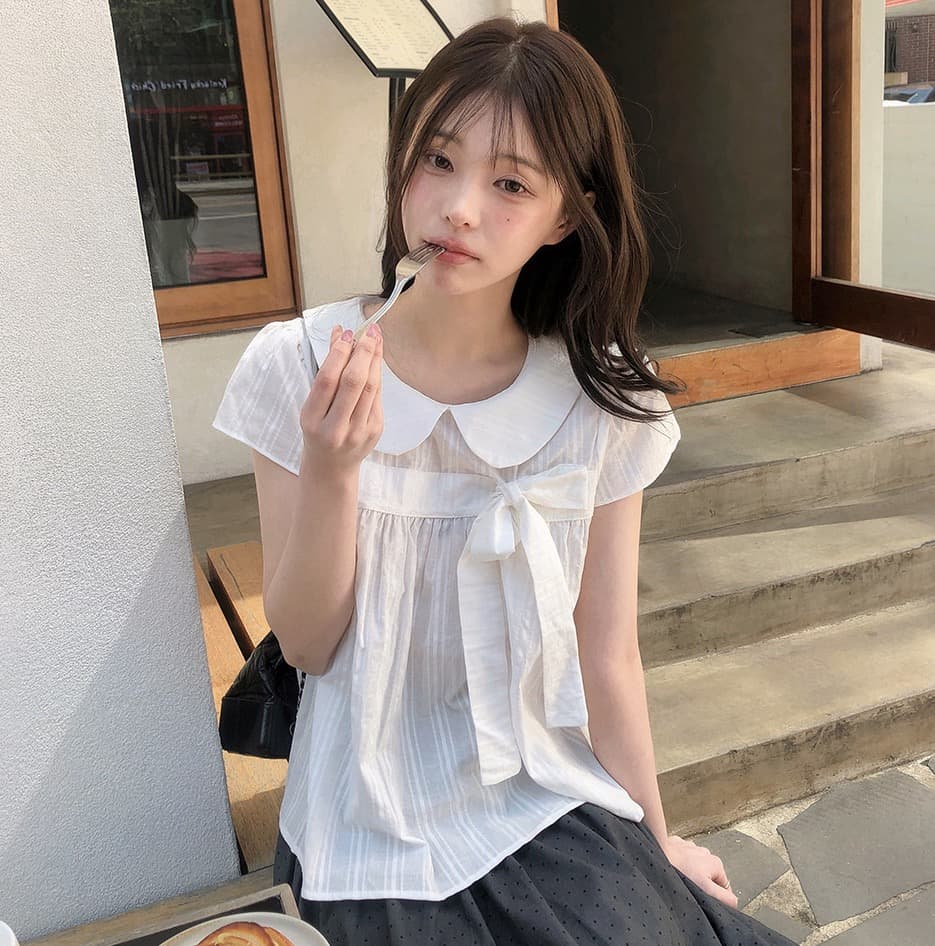 재고 있음 chic 한 여름 귀신 부서 소녀 레트로 디자인 센스 체크무늬 나비 매듭 베이비 칼라 셔츠 상세 이미지 25