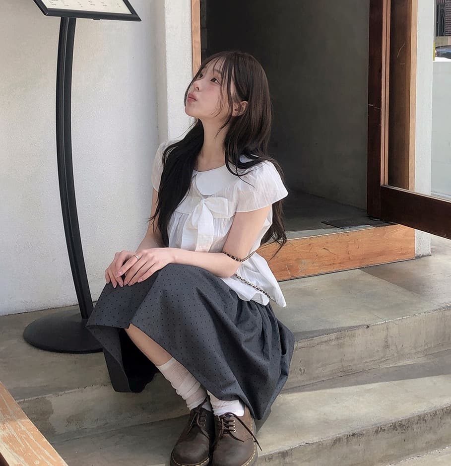 재고 있음 chic 한 여름 귀신 부서 소녀 레트로 디자인 센스 체크무늬 나비 매듭 베이비 칼라 셔츠 상세 이미지 26