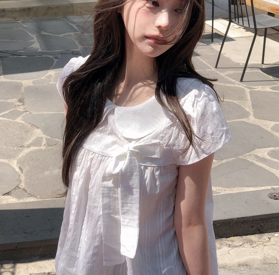 재고 있음 chic 한 여름 귀신 부서 소녀 레트로 디자인 센스 체크무늬 나비 매듭 베이비 칼라 셔츠 상세 이미지 27