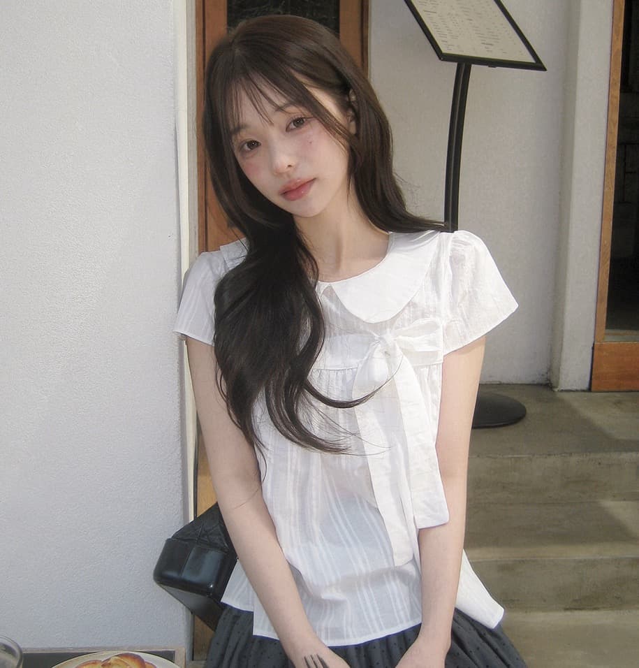 재고 있음 chic 한 여름 귀신 부서 소녀 레트로 디자인 센스 체크무늬 나비 매듭 베이비 칼라 셔츠 상세 이미지 28